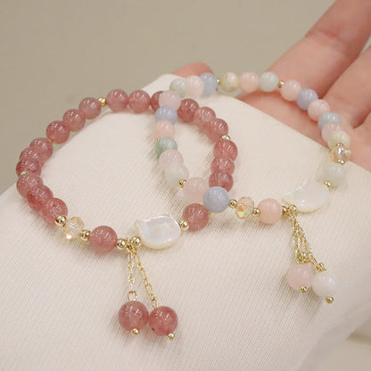 Mythstone Natural Strawberry Quartz Morganite Tridacna Stone Cat Love Bracelet