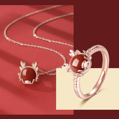 MythStone 925 Sterling Silver Year of the Dragon Cinnabar Red Agate Dragon Protection Bracelet Necklace Pendant Earrings Ring