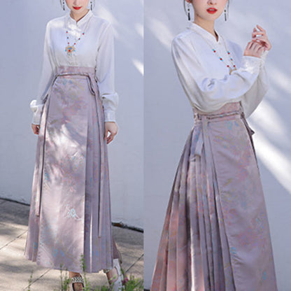 Mythstone Chinese Hanfu Pink Flying Crane Printed Horse Face Skirt Mamianqun