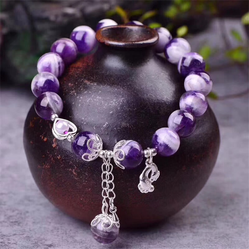 MythStone 925 Sterling Silver Natural Amethyst Healing Feet Love Heart Charm Bracelet