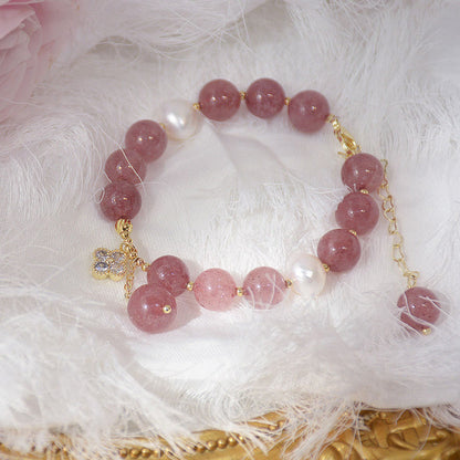 Mythstone Natural Strawberry Quartz Pearl Four Leaf Clover Love Bracelet