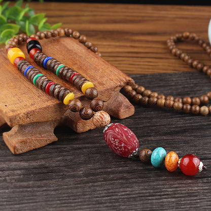 Mythstone Tibetan Wenge Wood Bodhi Seed Agate Balance Peace Necklace Pendant