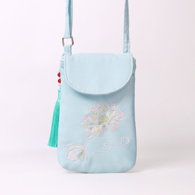 Mythstone Small Embroidered Flowers Crossbody Bag Shoulder Bag Double Layer Cellphone Bag