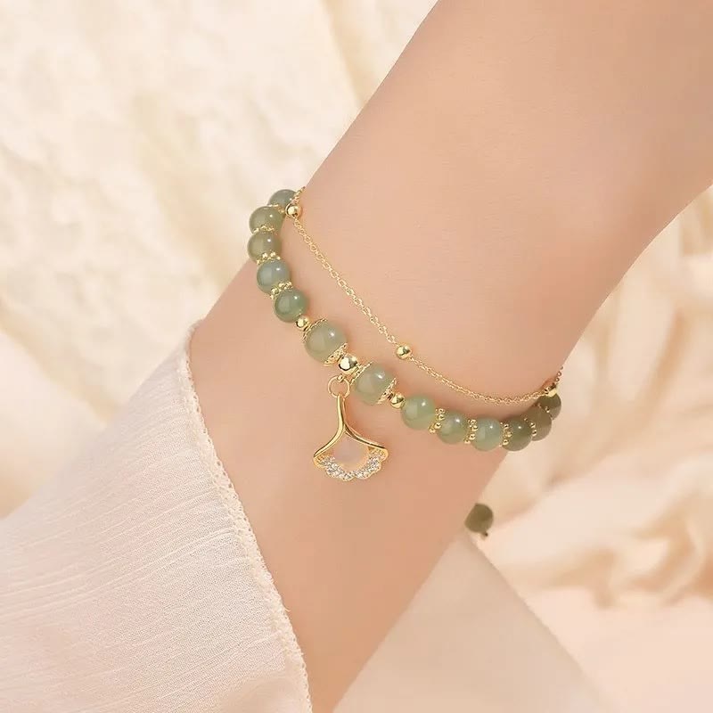 MythStone Jade Leaf Ginkgo Tulip Peanut Fu Character Luck Beaded Bracelet