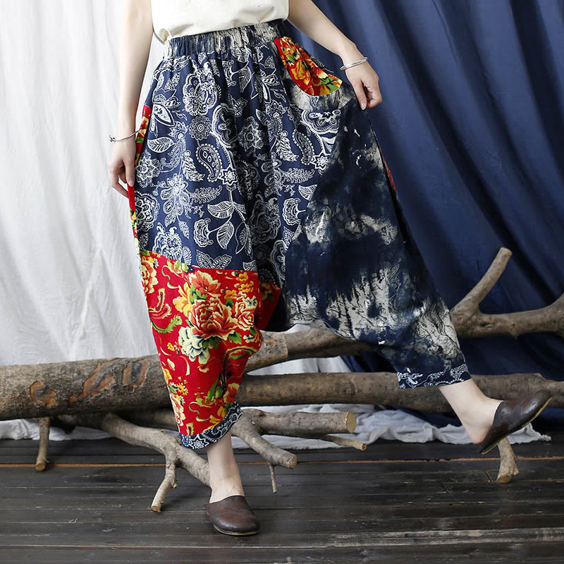 Mythstone Blue Red Peony Flowers Patchwork Cotton Linen Harem Pants With Pockets