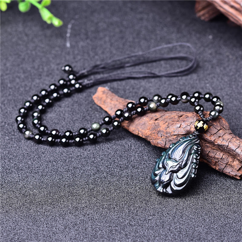 Mythstone Natural Rainbow Obsidian Nine Tailed Fox Inner Peace Necklace Beaded String Pendant