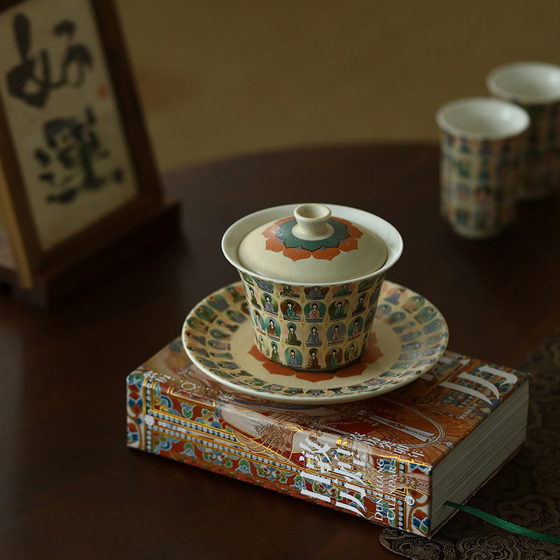 Taza de té de kung fu Gaiwan con tapa y diseño de apsaras voladoras de mil budas de Mythstone Dunhuang