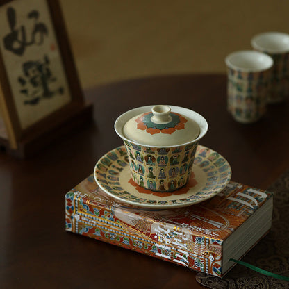 Taza de té de kung fu Gaiwan con tapa y diseño de apsaras voladoras de mil budas de Mythstone Dunhuang