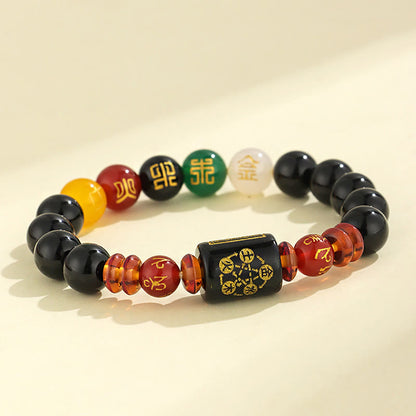 Pulsera de la sabiduría y la riqueza con ágata roja y ónix negro de cinco elementos Mythstone