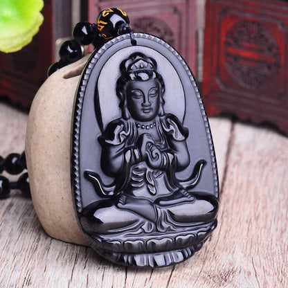 Mythstone Chinese Zodiac Obsidian Buddha Amulet Protection Pendant Necklace