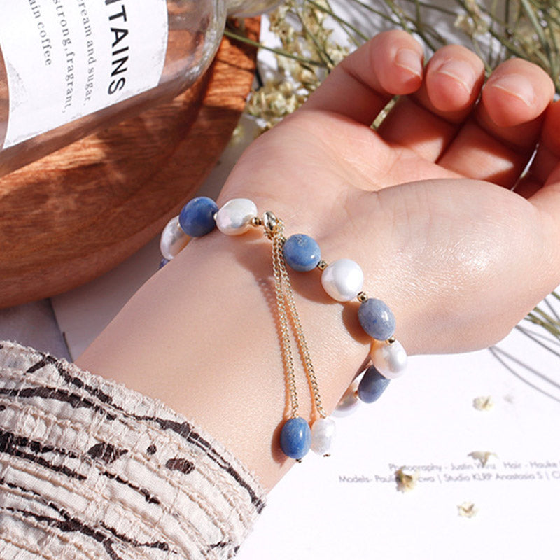 Mythstone Natural Blue Aventurine Crystal Pearl Bead Healing Bracelet