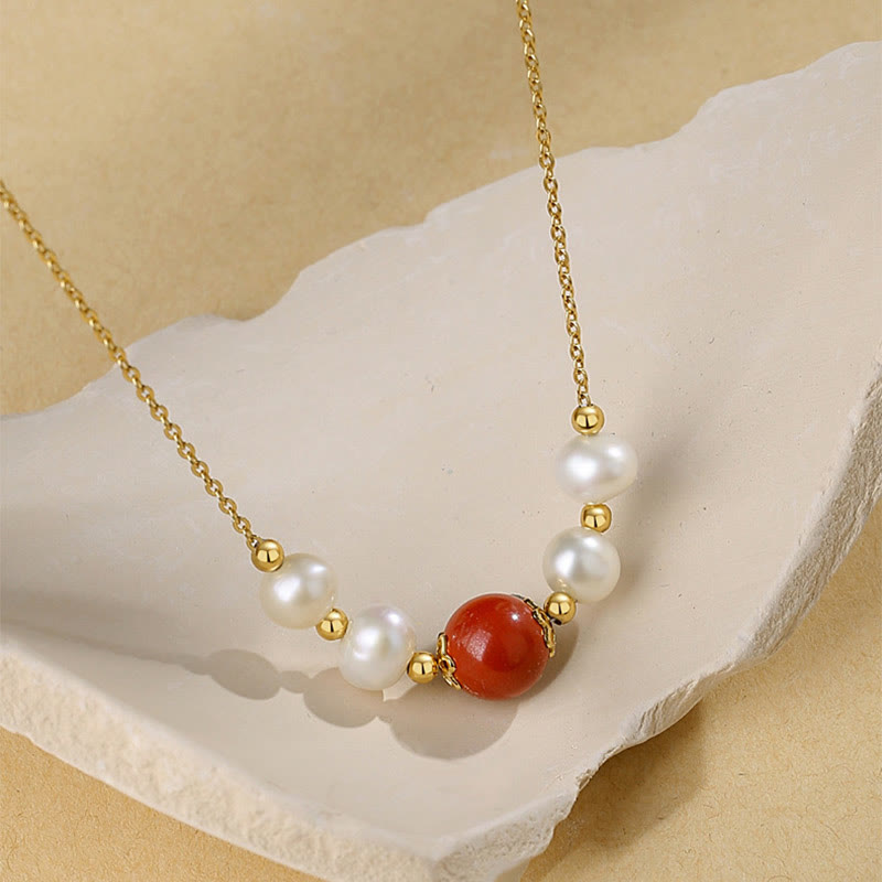 Mythstone 925 Sterling Silver Pearl Cinnabar Sincerity Healing Bead Chain Necklace Pendant