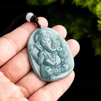 Mythstone Natural Jade Ganesh Ganpati Elephant Protection Amulet Necklace Pendant