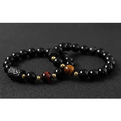 Black Obsidian Ebony Wood Red Tiger Eye Strength Couple Bracelet