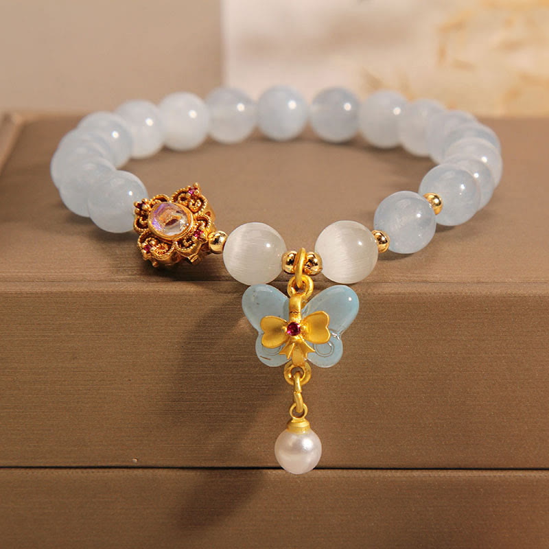 Mythstone Aquamarine Cat's Eye Healing Butterfly Pearl Charm Bracelet