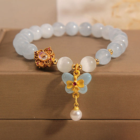 Mythstone Aquamarine Cat's Eye Healing Butterfly Pearl Charm Bracelet