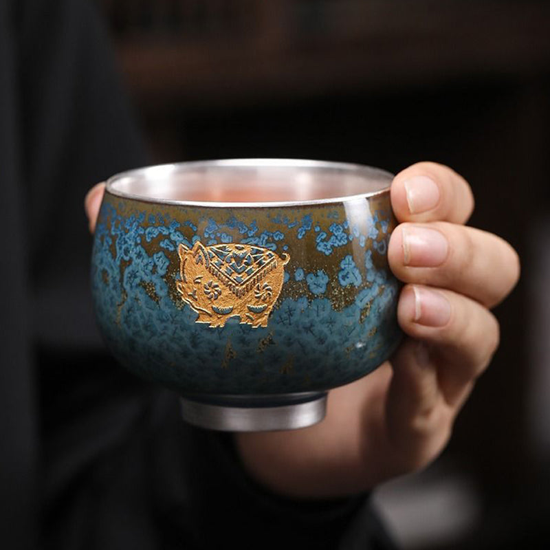 Mythstone 999 Gilt Silver Gilt Chinese Zodiac Ceramic Teacup Kung Fu Tea Cup 160ml