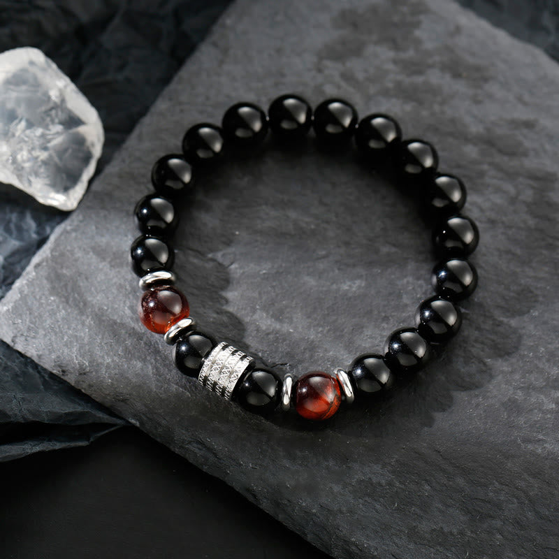 Pulsera de piedra mitológica con obsidiana negra natural y ojo de tigre