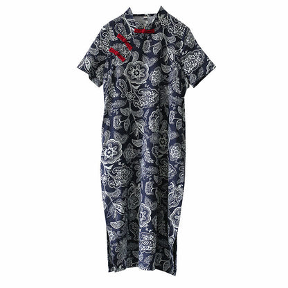 Mythstone Blue White Flower Frog-button Cheongsam Dresses Short Sleeve Linen Dresses With Pockets