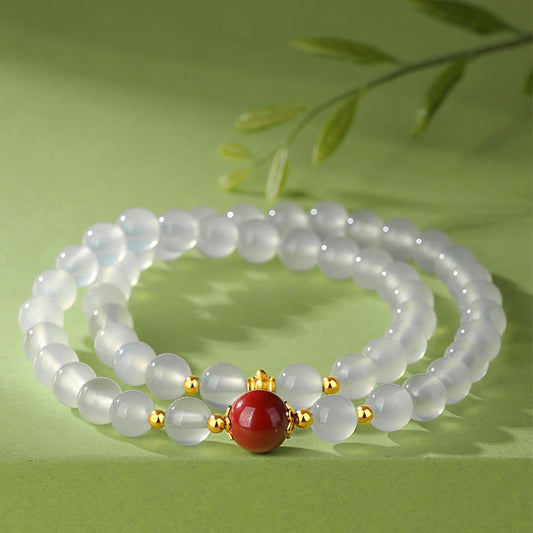 Mythstone 925 Sterling Silver Natural White Agate Cinnabar Double Wrap Protection Bracelet