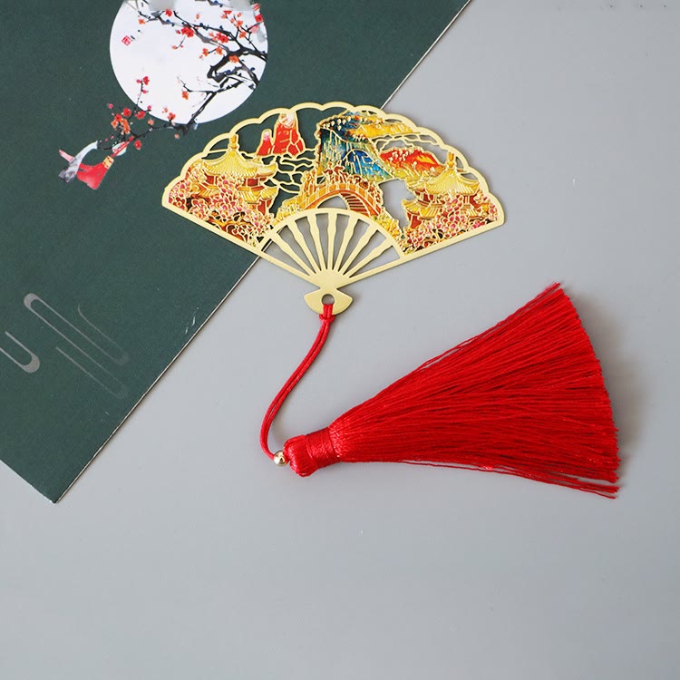 Mythstone Traditional Butterfly Lotus Flower Crane Dragon Phoenix Fox Koi Fish New Beginning Metal Brass Hollow Fan Bookmarks