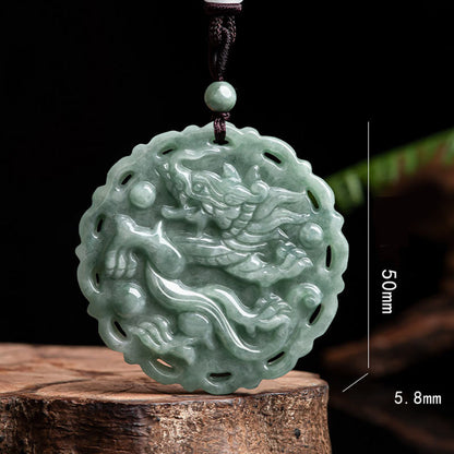 Mythstone Chinese Zodiac Dragon Phoenix Round Jade Luck Necklace String Pendant