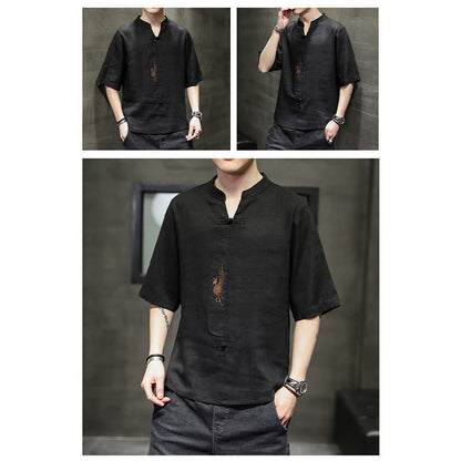 Mythstone Frog-Button Phoenix Embroidery Chinese Tang Suit Short Sleeve Shirt Cotton Linen Men Clothing