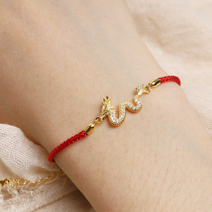 MythStone 925 Sterling Silver Year Of The Dragon Auspicious Golden Dragon Luck Red Rope Chain Bracelet