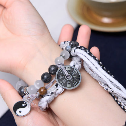 Mythstone Black Glitter Stone Cat's Eye Yin Yang Mountain Ghosts Spend Money Power Double Layer Rope Bracelet