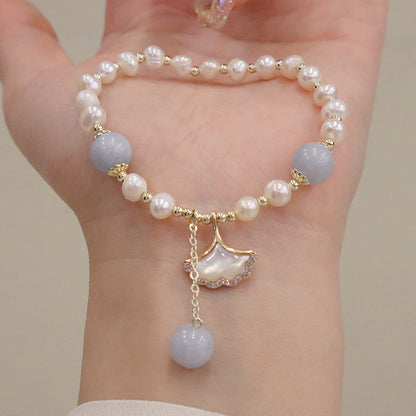 Mythstone Natural Aquamarine Pearl Healing Ginkgo Leaf Butterfly Charm Bracelet