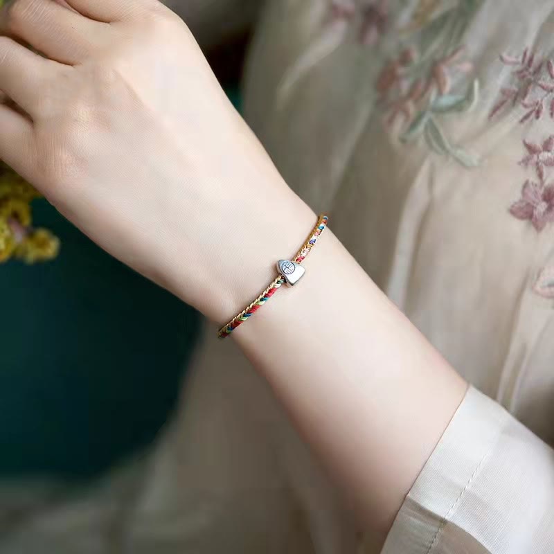 Mythstone 925 Sterling Silver Fu Character Zongzi Pattern Multicolored String Luck Handmade Braided Bracelet