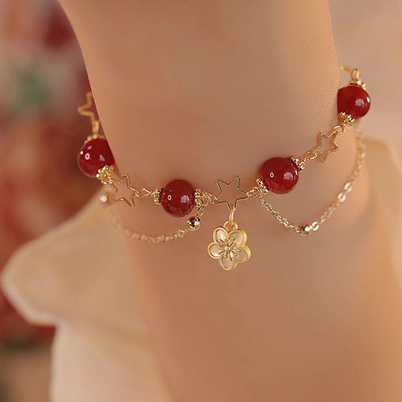 MythStone 14k Gold Plated Red Agate Star Flower Charm Calm Bracelet