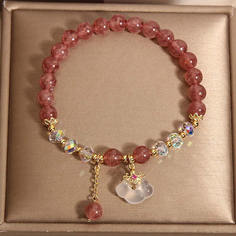 Mythstone Natural Strawberry Quartz Crystal White Agate Auspicious Cloud Healing Bracelet