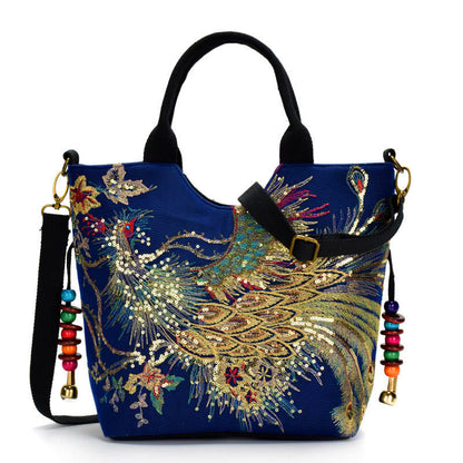 Mythstone Peacock Double-sided Embroidery Tote Bag Shoulder Bag Crossbody Bag