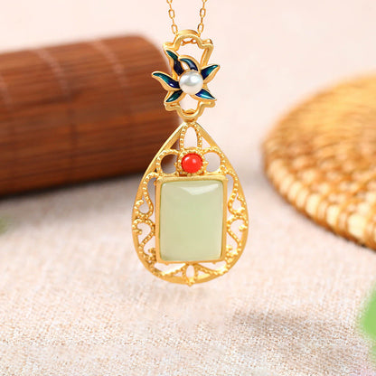 Mythstone Vintage Flower Jade Plated Gold Prosperity Necklace Pendant