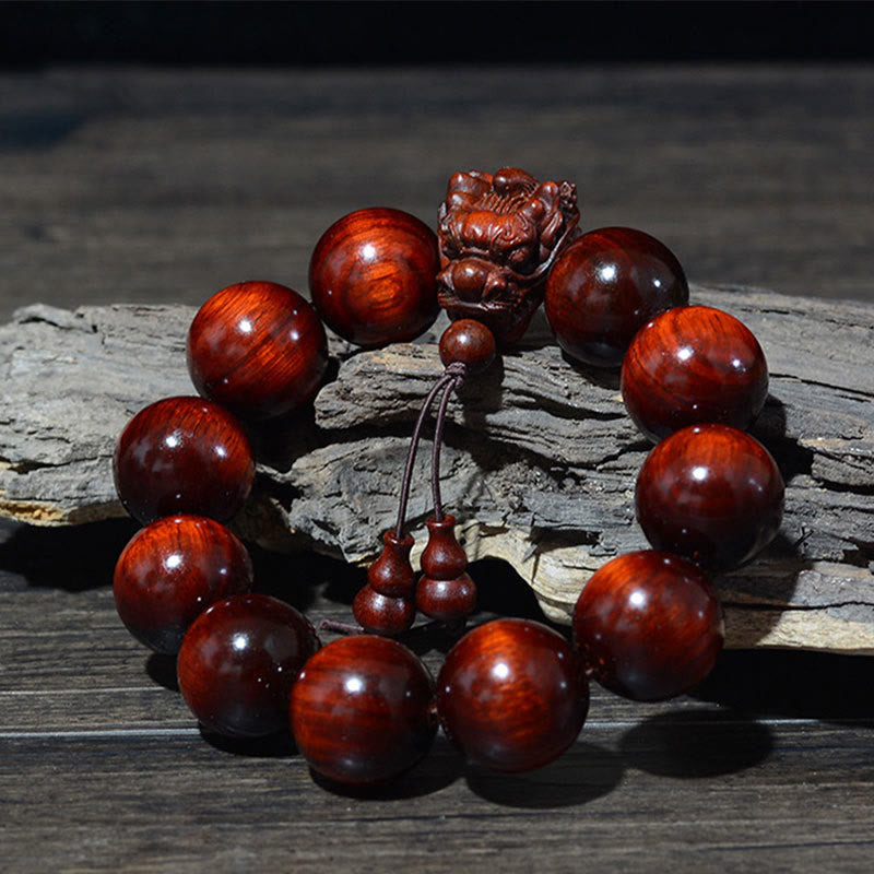 MythStone Rosewood Green Sandalwood Small Leaf Red Sandalwood Agarwood Dragon Carved Protection Bracelet