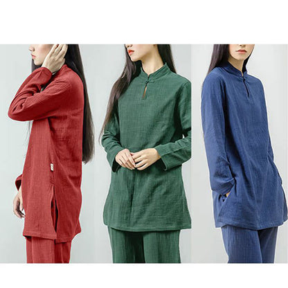 Mythstone 2Pcs Tang Suit Frog-Button Shirt Top Pants Meditation Zen Tai Chi Cotton Linen Clothing Women's Set