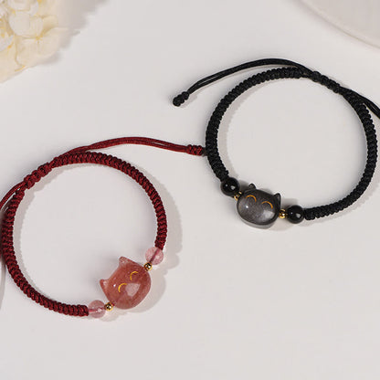 Pulsera trenzada con protección de gato linda y obsidiana con brillo de plata natural hecha a mano de Mythstone