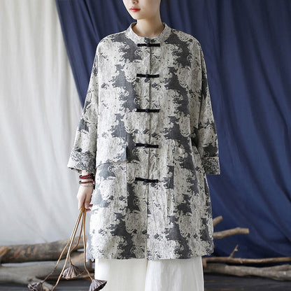 Mythstone Black Gray Beige Print Frog-button Design Long Sleeve Cotton Linen Jacket Shirt With Pockets