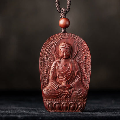 Mythstone Chinese Zodiac Natal Buddha Small Leaf Red Sandalwood Lotus Protection Necklace Pendant