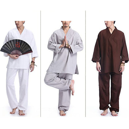 Mythstone Meditation Prayer V-neck Design Cotton Linen Spiritual Zen Practice Yoga Clothing Men's Set