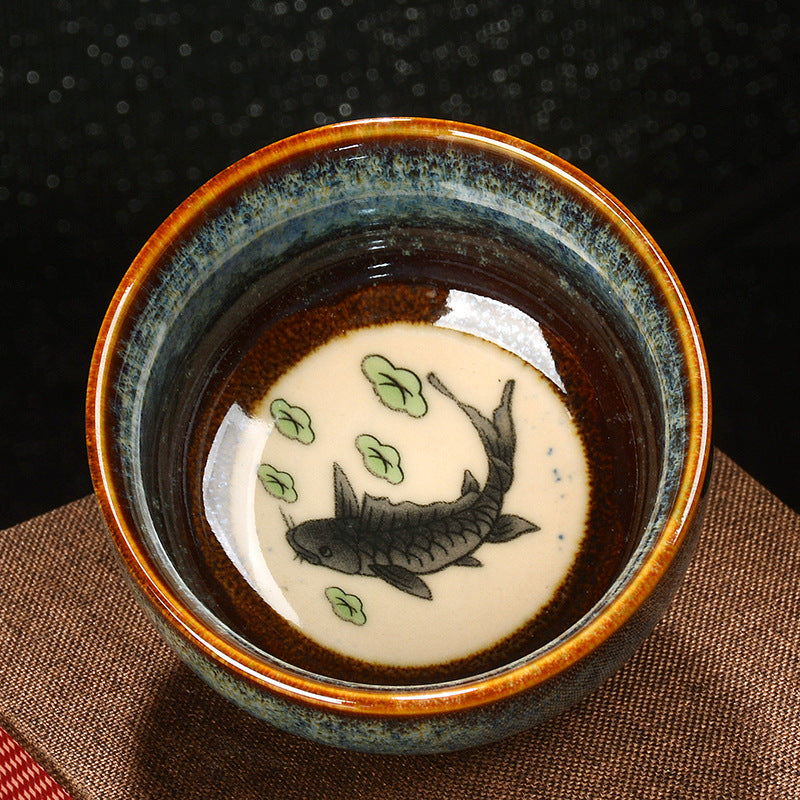 Mythstone Lotus Dragon Phoenix Koi Fish Chinese Jianzhan Ceramic Teacup Kung Fu Tea Cup 110ml