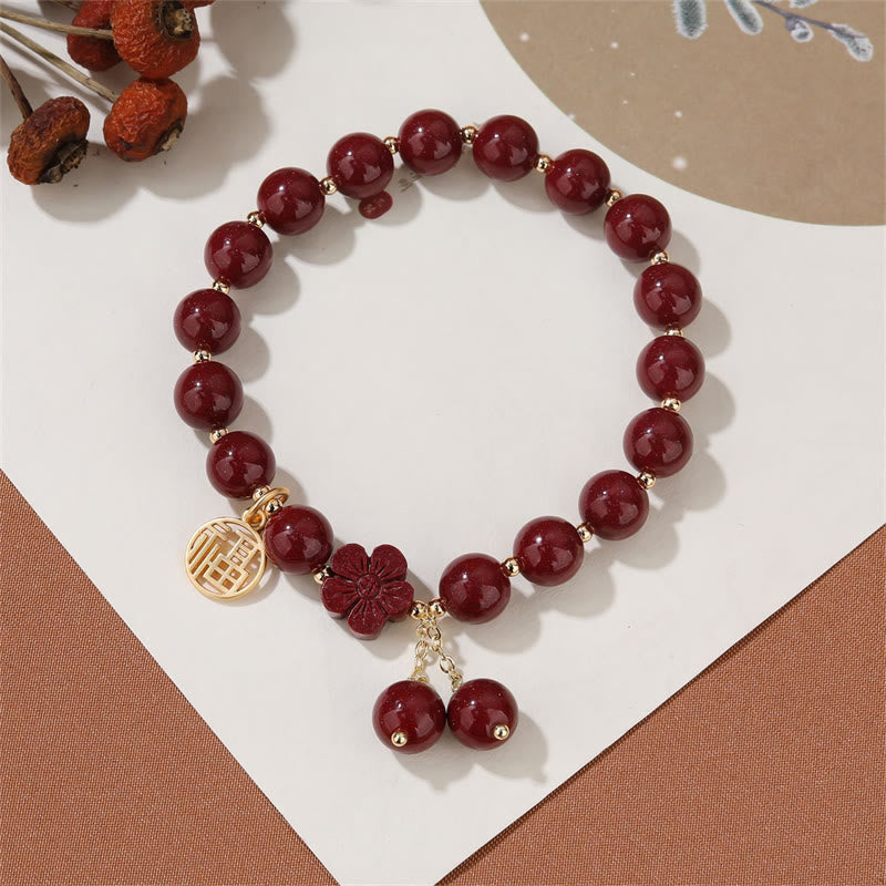 Mythstone Cinnabar Fu Character Cherry Blossom Blessing Bracelet