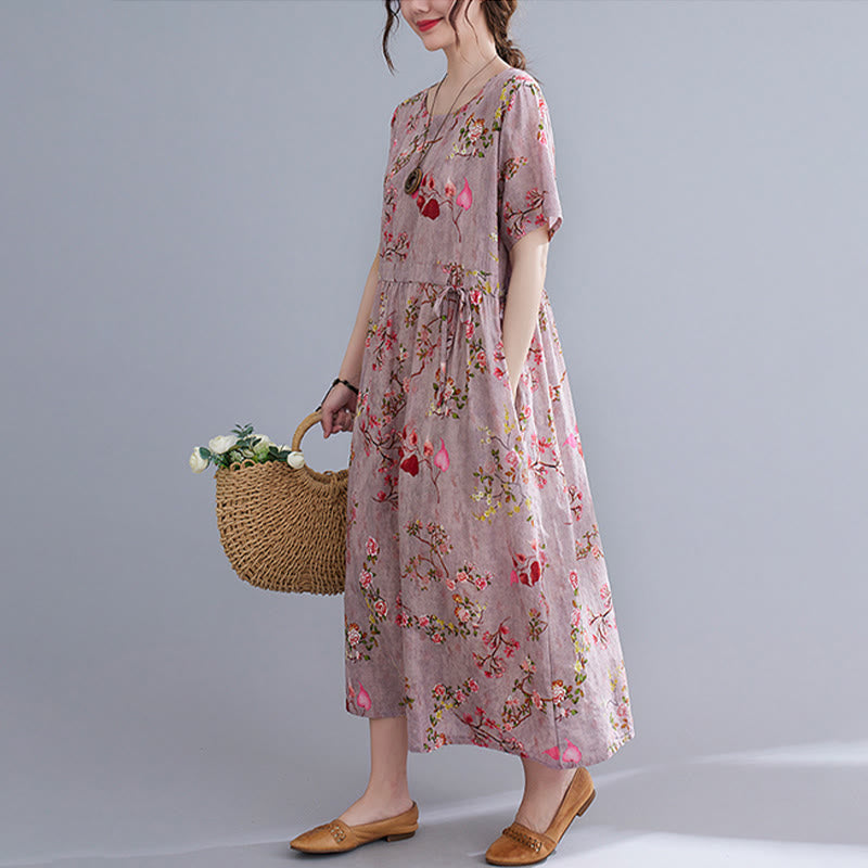 Mythstone Flowers Print Midi Dress Tunic Dress With Pockets