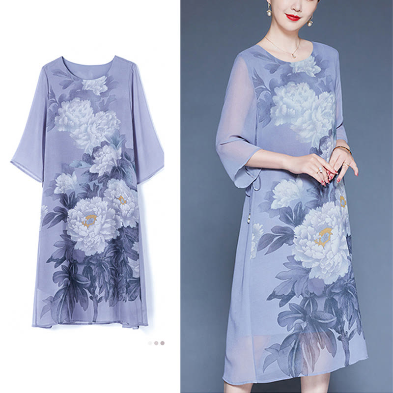 Mythstone Peony Flowers Print Three Quarter Sleeve Midi Dress