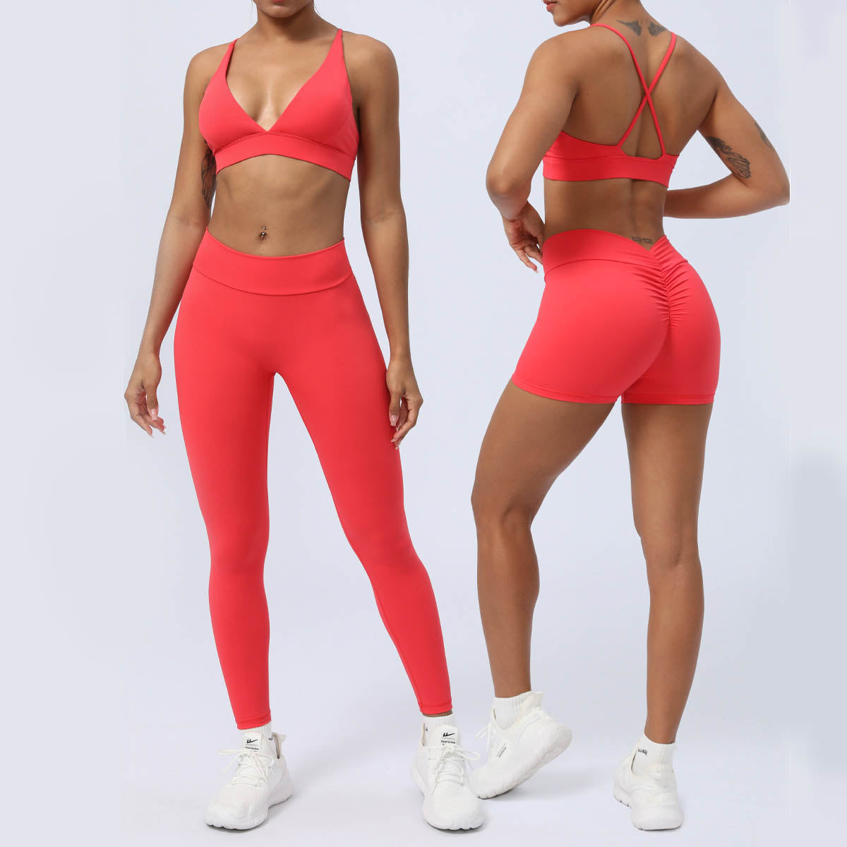 Mythstone 2Pcs Backless Criss-Cross Strap Design Top Bra Shorts Leggings Pants Fitness Yoga Outfit Set