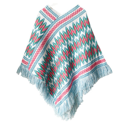 Mythstone Tibetan Shawl Striped Knitted Tassels Pullover Winter Cozy Travel Scarf Wrap