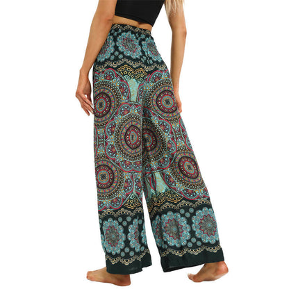 Mythstone Boho Mandala Print Lace-up Wide Leg Pants Women's Yoga Pants