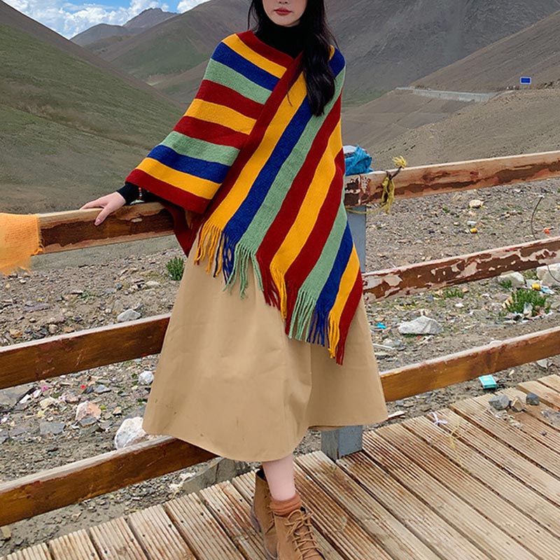 Mythstone Tibetan Colorful Striped Design Shawl Tassels Pullover Winter Cozy Travel Scarf Wrap