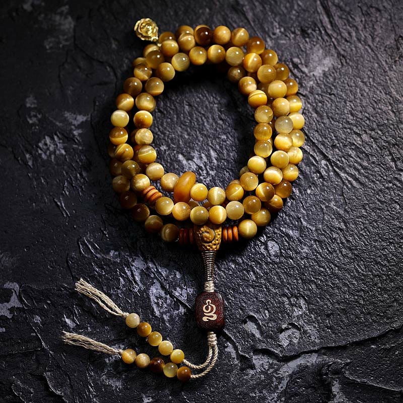 Mythstone 108 Mala Beads Natural Tiger Eye Copper Dorje Protection Tassel Bracelet